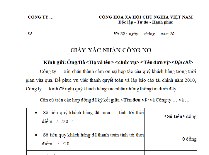 Mẫu giấy xác nhận công nợ